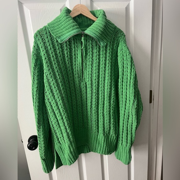 Aerie Green Cable Car Quarter Zip Sweater Women’s Medium - Picture 1 of 5